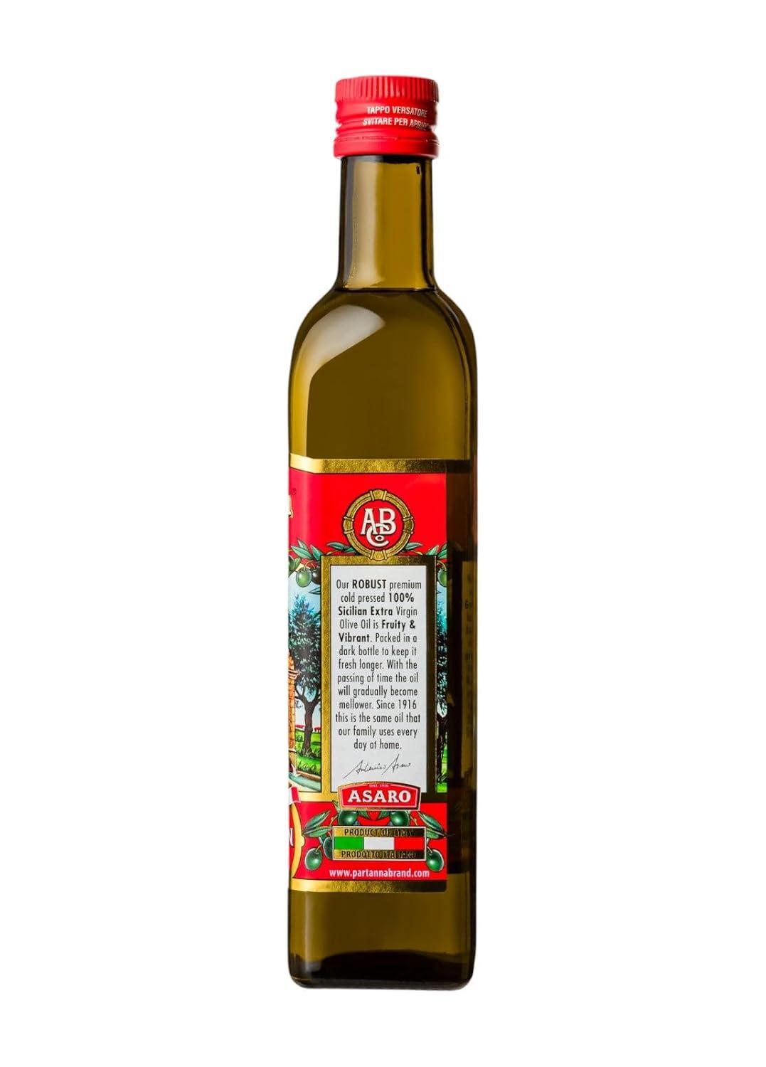 image:imagePartanna Robust Extra Virgin Olive Oil Premium Castelvetrano Olive Oil Harvested in Sicily Pure Authentic Italian Monovarietal Rich in Flavor First Cold Pressed 169oz 500 ML GlassRobust Olive Oil