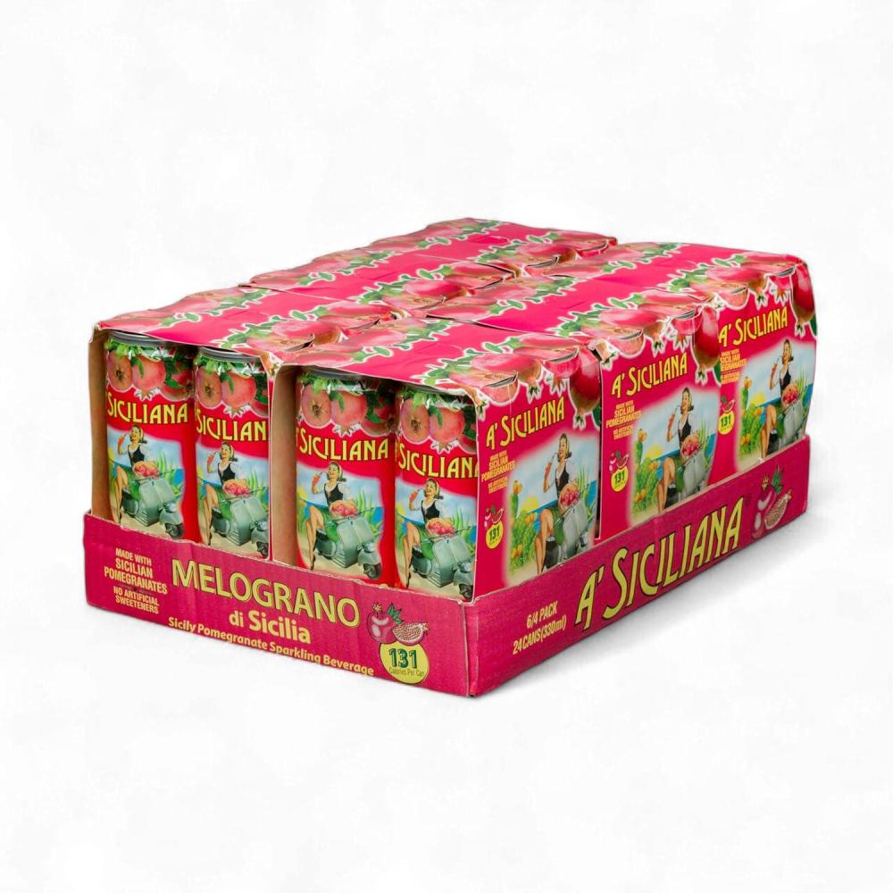 image:imageA Siciliana Sicilian Drink Melograno Refreshing and Delicious Italian Soda made with Sicilian Pomegranate Authentic Imported Italian Beverage Melograno Soda 24 Pack of 1115 fl oz CansMelograno